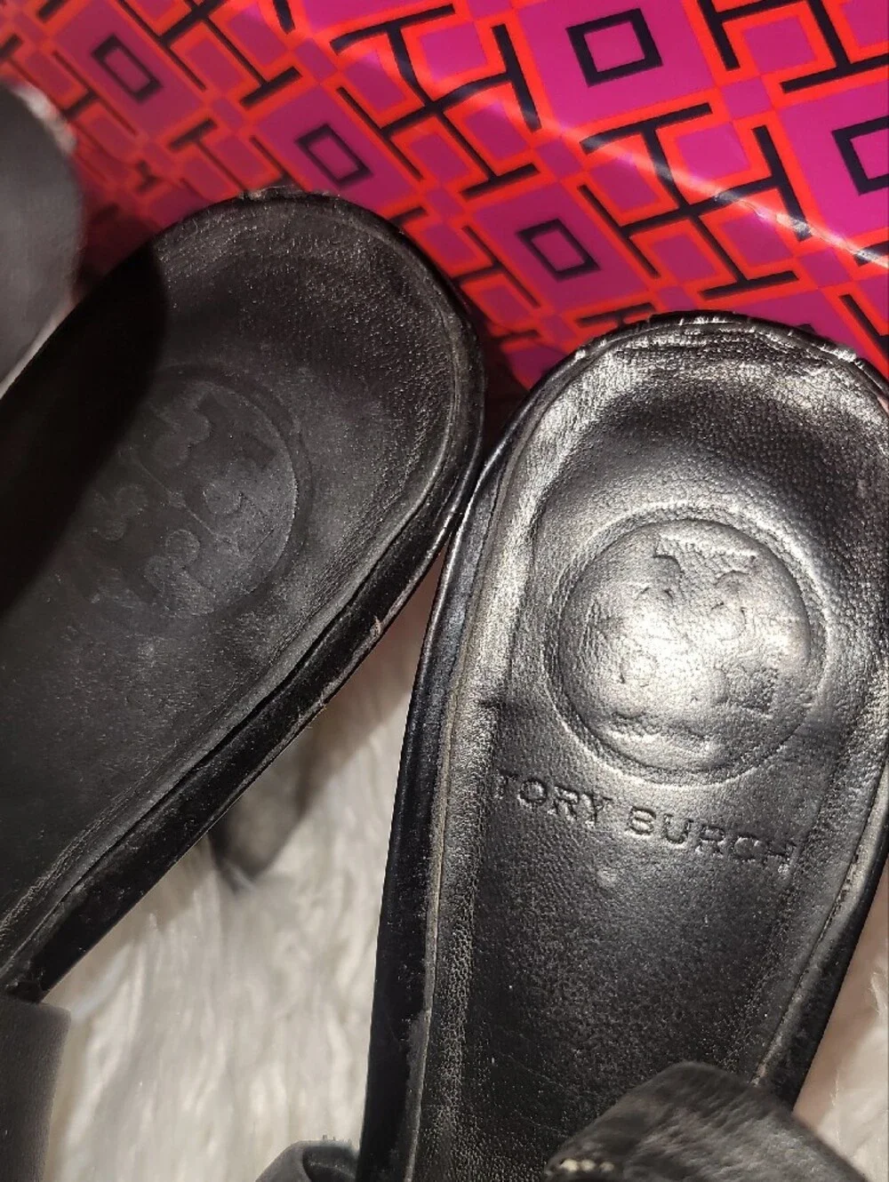 Tory Burch Black Patent Slingback Heels with Gold Logo Accents